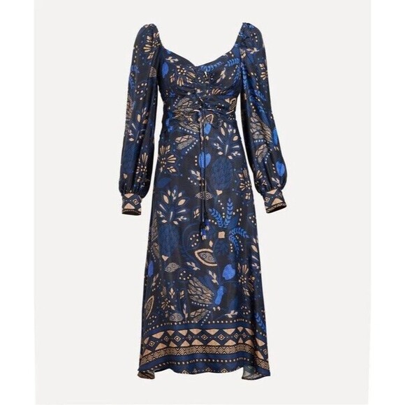 Farm Rio Black Macaw Forest Tropical Print Tie Cutout Blouson Midi Dress Large